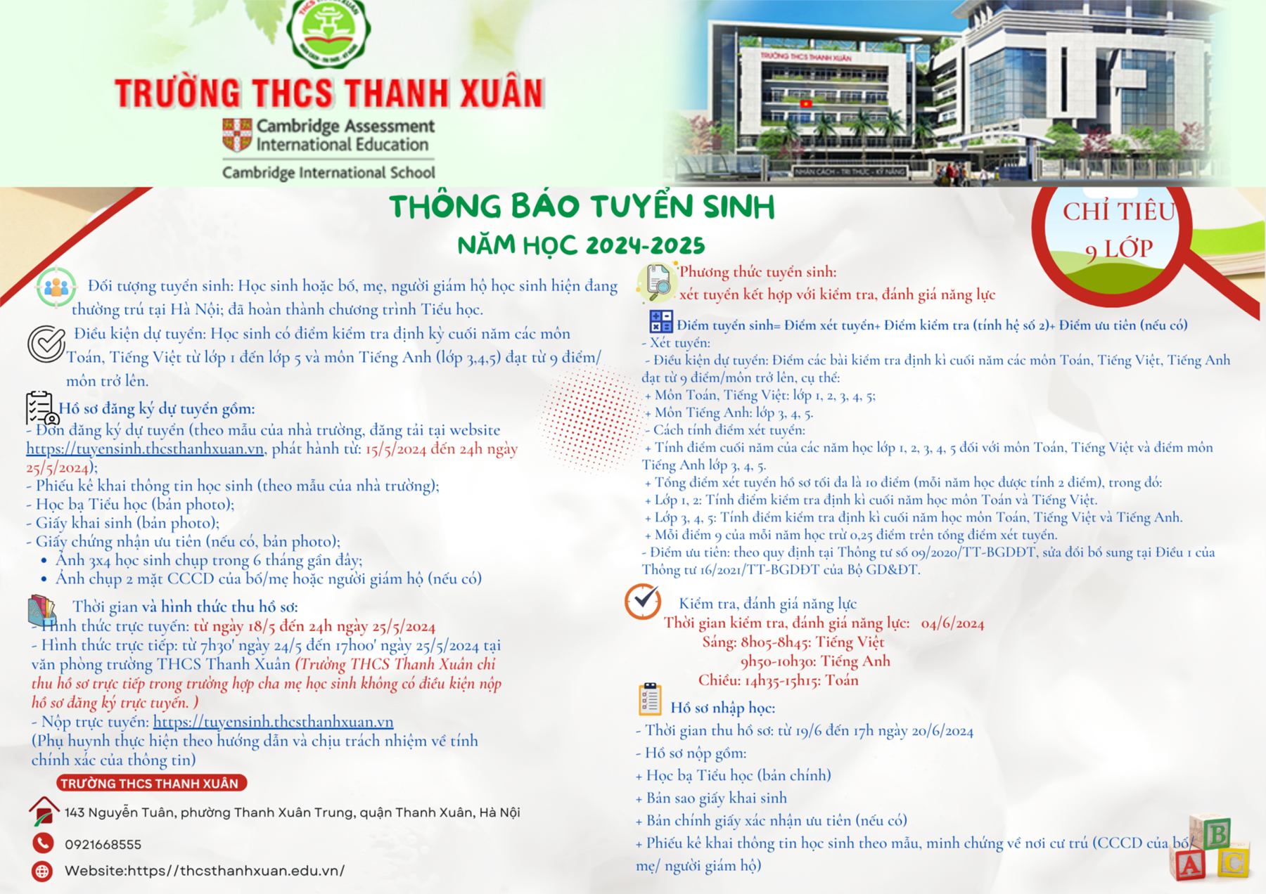 Thông báo tuyển sinh THCS Thanh Xuân năm học 2024 - 2025