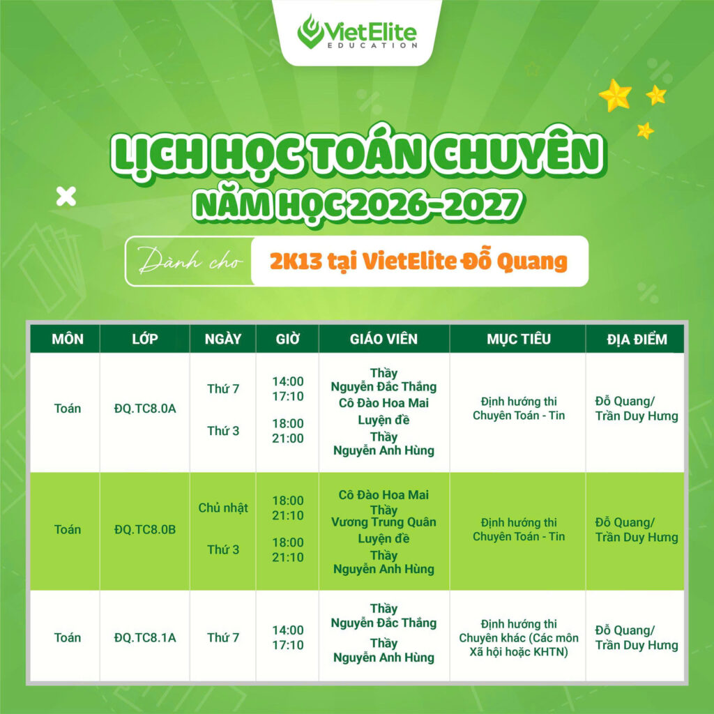 Lịch học Toán chuyên cơ sở Đỗ Quang