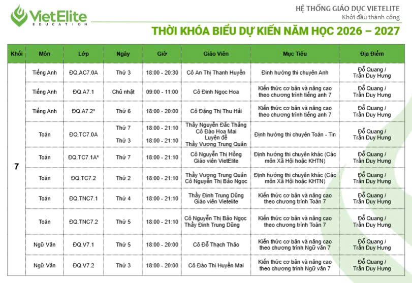 VietElite thông báo lịch học khối 7 tại cơ sở Đỗ Quang/Trần Duy Hưng