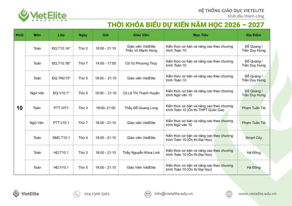Thời khóa biểu lớp 10